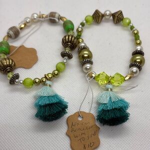Handcrafted Green and Gold Beaded Bracelet Set